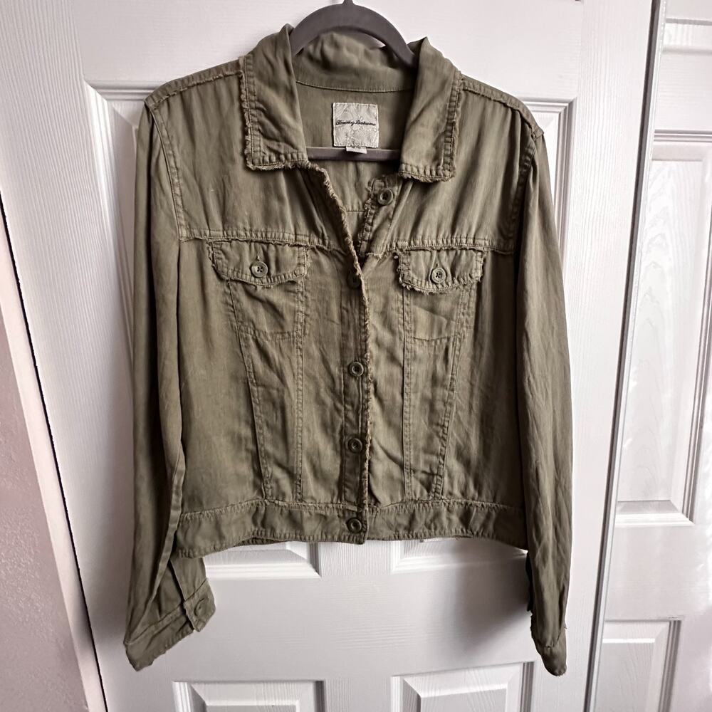 Tommy Bahama Two Palms Jacket Womens MED Green 100% Linen Raw-Edge Button Front